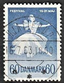 FRIMÆRKER DANMARK | 1962 - AFA 406 - Ballet og musik - 60 øre blå - Pragt Stemplet Hjallerup